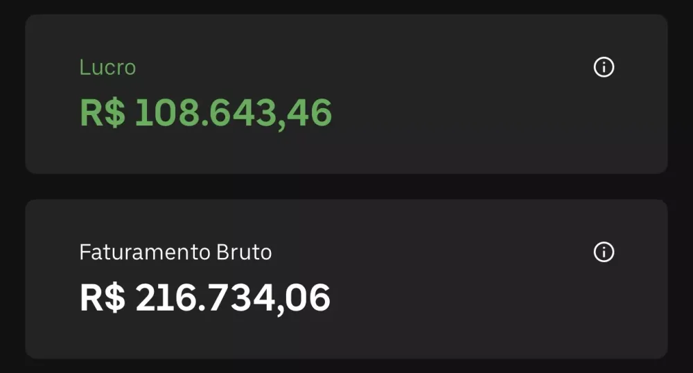 Painel com lucro de R$ 108.643,46 e faturamento bruto de R$ 216.734,06